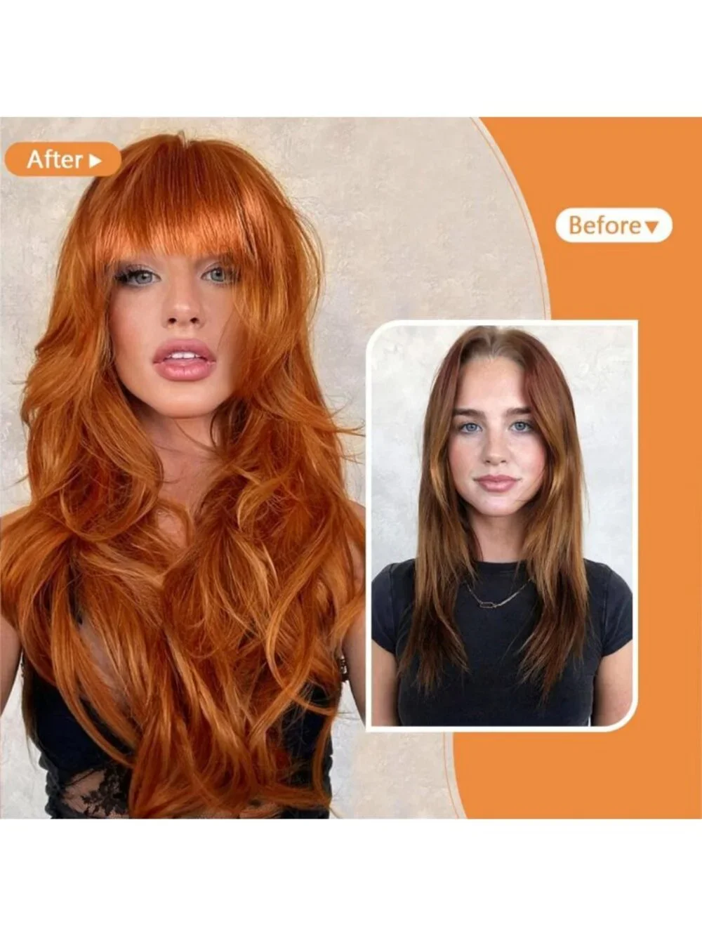 Vibrant Orange Long Curly Wavy Wig with Bangs for Women - 26